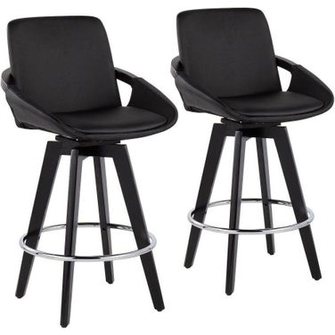 Cosmo Fixed-Height Swivel Counter Stool Set of 2 in Black Wood with Round Chrome Metal Footrest and Black Faux Leather Seat