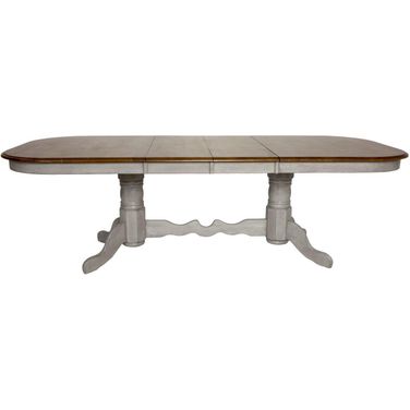 Country Grove Distressed Gray and Brown Wood Trestle Extendable Dining Table