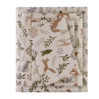 Cozy Cotton Flannel Printed Sheet Set In Tan Woodland Winter