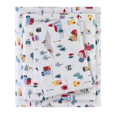 Cozy Cotton Flannel Printed Sheet Set In White Village Print
