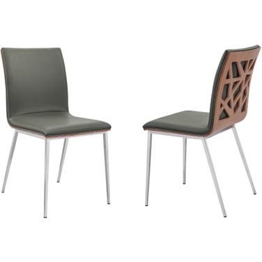 Crystal Dining Chair Set of 2 In Brushed Stainless Steel Finish with Gray Faux Leather and Walnut Back