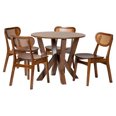 Crystal Walnut Round 5 Piece Dining Set In Walnut Brown And Brown
