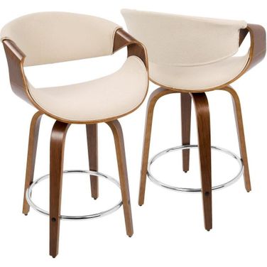 Curvini Mid-Century Modern Counter Stool In Walnut Wood And Cream Fabric - Set Of 2