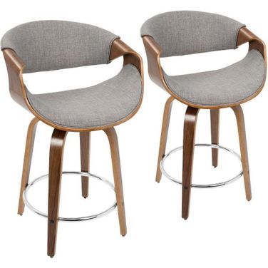 Curvini Mid-Century Modern Counter Stool In Walnut Wood And Light Grey Fabric - Set Of 2