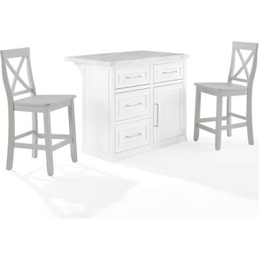 Cutler Faux Marble Top Kitchen Island W/X-Back Stools In White and Gray