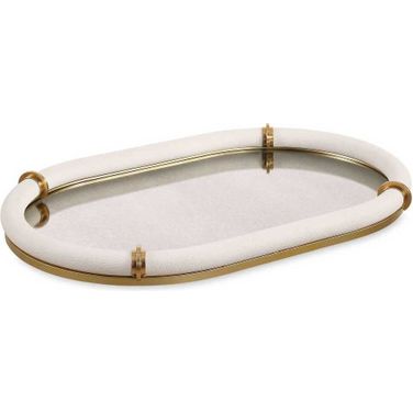 Cyprus Leather Oval Tray In White and Brushed Brass