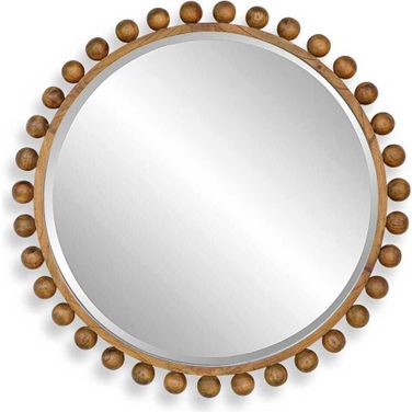 Cyra Wood Beaded Round Mirror In Brown