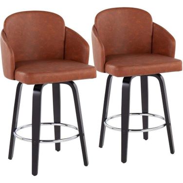 Dahlia Counter Stool Set of 2 in Black Wood and Camel Faux Leather with Round Chrome Footrest