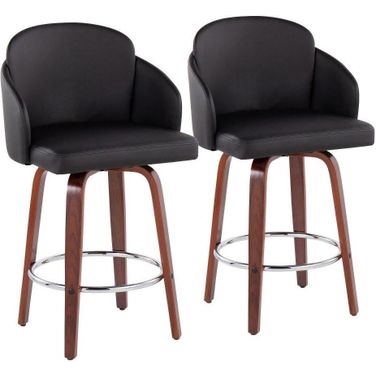Dahlia Counter Stool Set of 2 in Walnut Wood and Black Faux Leather with Round Chrome Footrest