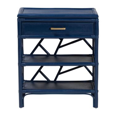 Daina Natural Rattan Nightstand with Drawer and Open Shelves In Blue