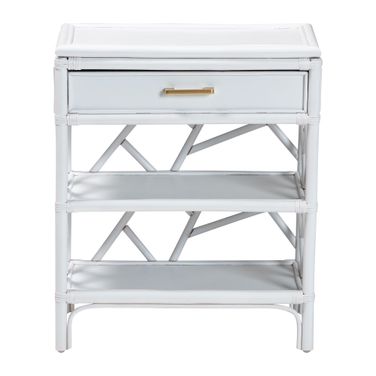 Daina Natural Rattan Nightstand with Drawer and Open Shelves In White