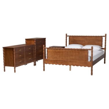 Danette Bobbin Wood 4-Piece Queen Bedroom Set with 1 Nightstands In Walnut Brown