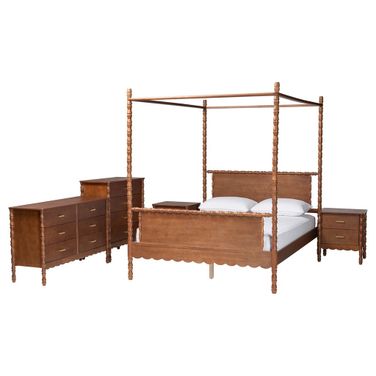 Danette Bobbin Wood 5-Piece Queen Canopy Bedroom Set In Walnut Brown
