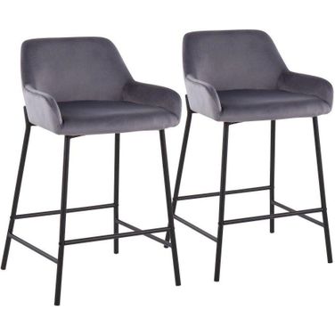 Daniella Industrial Fixed-Height Counter Stool In Black Metal And Silver Velvet - Set Of 2