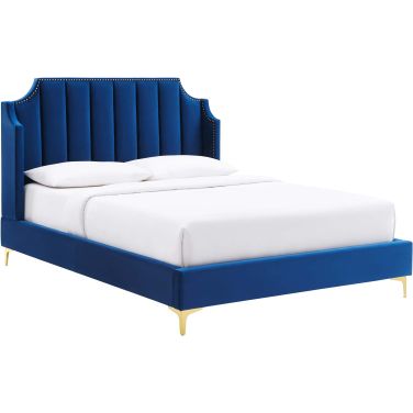 Daniella Performance Velvet Queen Platform Bed In Navy
