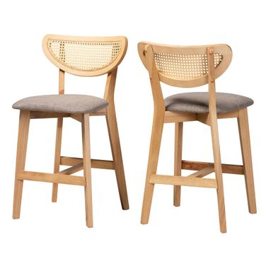 Dannell Fabric and Wood Counter Stool Set of 2 In Grey and Natural Oak