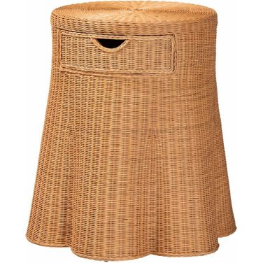 Dayo Scalloped Rattan Round Console Table with Drawer In Light Honey