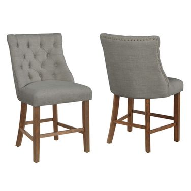 Debra Counter Height Dining Chairs Set of 2 In Gray Linen Fabric and Walnut Wood