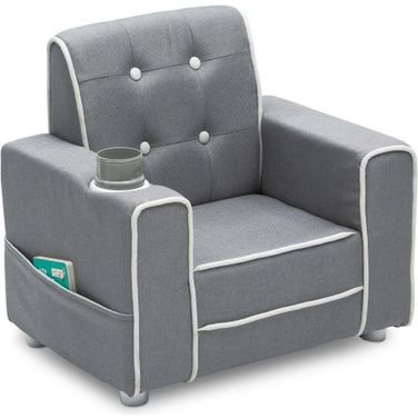 Delta Children Chelsea Kids Upholstered Chair With Cup Holder In Light Grey and White
