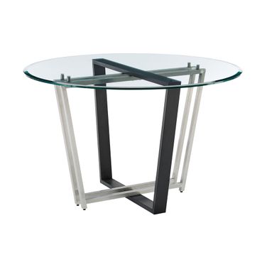 Devi 48 Inch Round Dining Table In Brushed Stainless Steel and Black Iron Base with Glass Tabletop