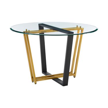 Devi 48 Inch Round Dining Table In Gold Stainless Steel and Black Iron Base with Glass Tabletop