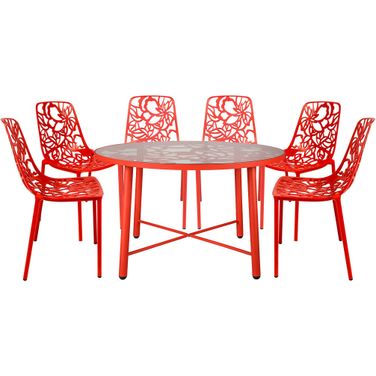Devon 7 Piece Outdoor Patio Dining Set with Side Chair In Red
