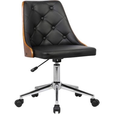 Diamond Mid-Century Office Chair In Chrome Finish with Tufted Black Faux Leather and Walnut Veneer Back