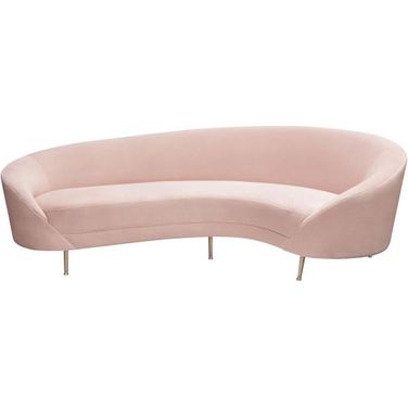 Celine Curved Sofa With Contoured Back In Blush Pink Velvet And Gold Metal Legs