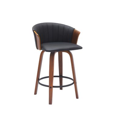 Diana 26 Inch Swivel Walnut Wood Counter Stool In Black Faux Leather