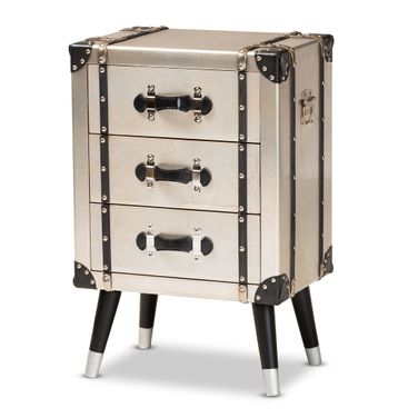 Dilan Metal Trunk Inspired 3 Drawer End Table In Silver and Black