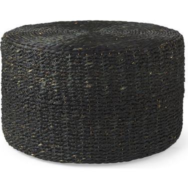 Dina Cornhusk and Water Hyacinth Round Coffee Table Pouf In Black