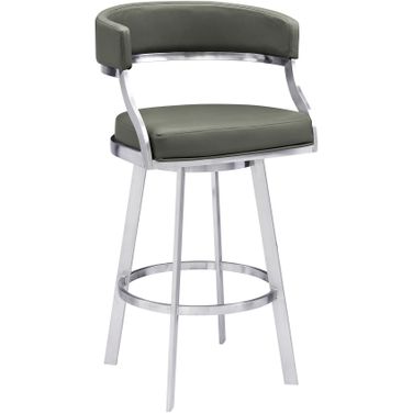 Dione 30 Inch Bar Height Swivel Barstool In Gray Faux Leather and Brushed Stainless Steel