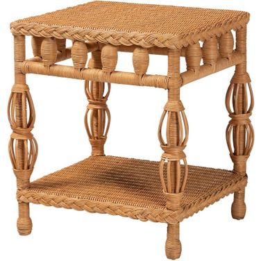 Dolby Handwoven Rattan End Table with Lower Shelf In Light Honey
