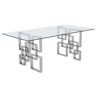 Dominga Rectangular Dining Table In Clear Glass and Silver Geometric Stainless Steel Base