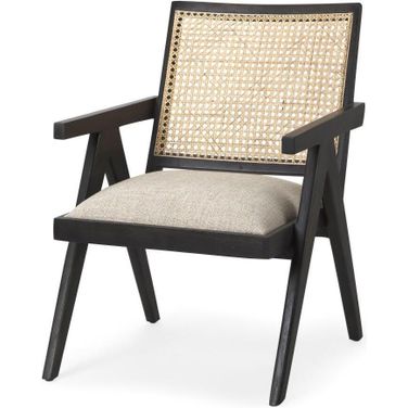Donna Black Wood Cane-Back With Beige Upholstered Seat Accent Chair