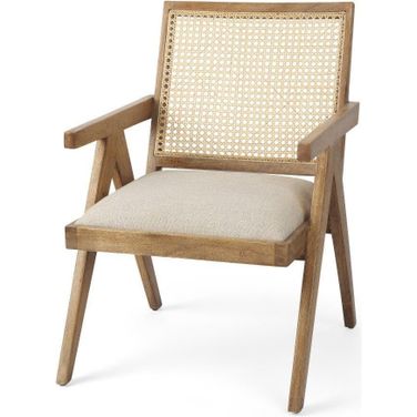 Donna Light Brown Wood Cane-Back With Beige Upholstered Seat Accent Chair