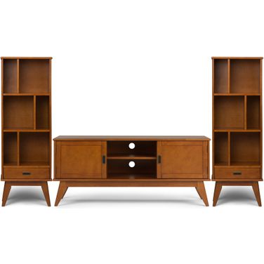 Draper Solid Wood 60 Inch TV Stand with 22 Inch Bookcases Set of 3 In Teak Brown