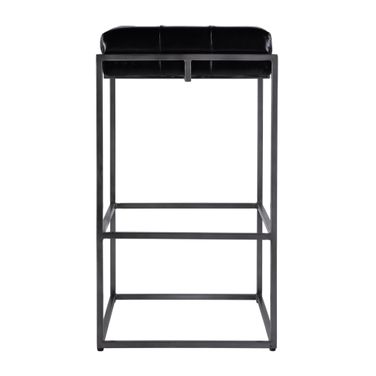 Dudley 31 Inch Tufted Leather and Iron Backless Bar Height Stool with Footrest In Black and Silver