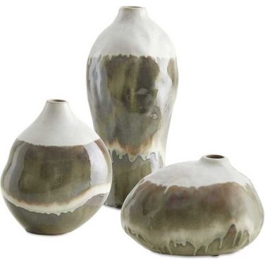 Earthflow Glazed Outdoor Vases Set of 3 In Green and White