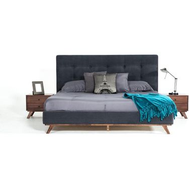 Eastern King Modrest Addison Mid-Century Modern Grey Fabric And Walnut Bed