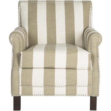 Easton Taupe, White and Espresso Club Chair with Awning Stripes and Nailhead Detail