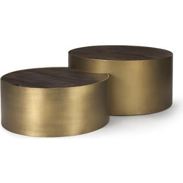 Eclipse 36 Inch And 32 Inch Round Brown Solid Wood Top Gold Metal Base Nesting Coffee Tables Set of 2