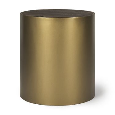 Eclipse Gold Metal Drum Base with Wood Top End Side Table In Dark Brown
