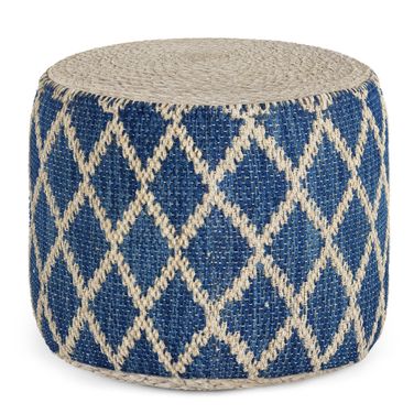 Edgeley Woven Braided Jute Round Pouf In Classic Blue and Natural