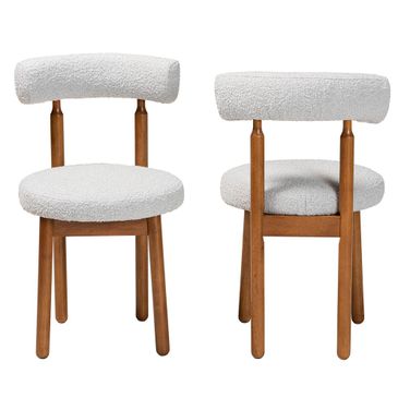 Edric Boucle Fabric and Wood 2-Piece Dining Chair Set In Light Grey and Walnut Brown