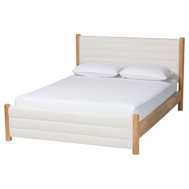 Eilert Queen Upholstered Platform Bed with Wood Base In Cream and Walnut Brown