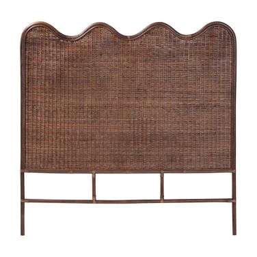 Einya Natural Rattan Handwoven Wicker Queen Standalone Panel Headboard with Wavy Scalloped Top In Coffee Bean