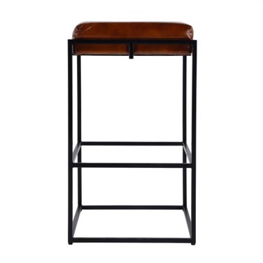 Eldridge 31 Inch Leather and Iron Backless Bar Height Stool with Footrest In Brown and Black