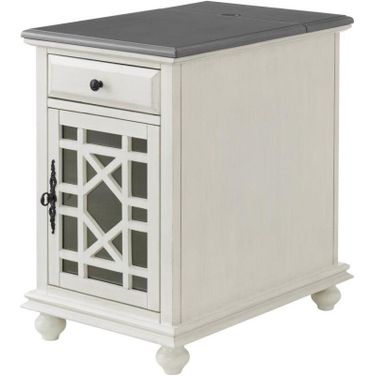 Elegant Chairside Table With Power In White With Grey Top