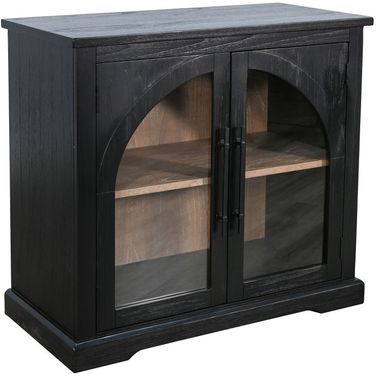 Elena Small Black Wood Cabinet with Arched Glass Doors In Umbra and Oak Grove
